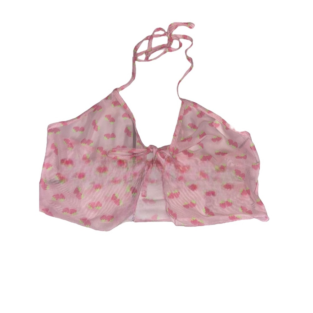 ROMWE strawberry sheer halter top front tie scrappy pink Y2K large